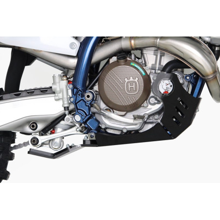 Right side of the black HDPE plastic skid plate with linkage guard for KTM - Husqvarna