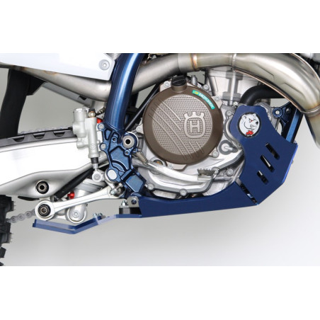 Right side of the blue HDPE plastic skid plate with linkage guard for Husqvarna FC250 - FC350