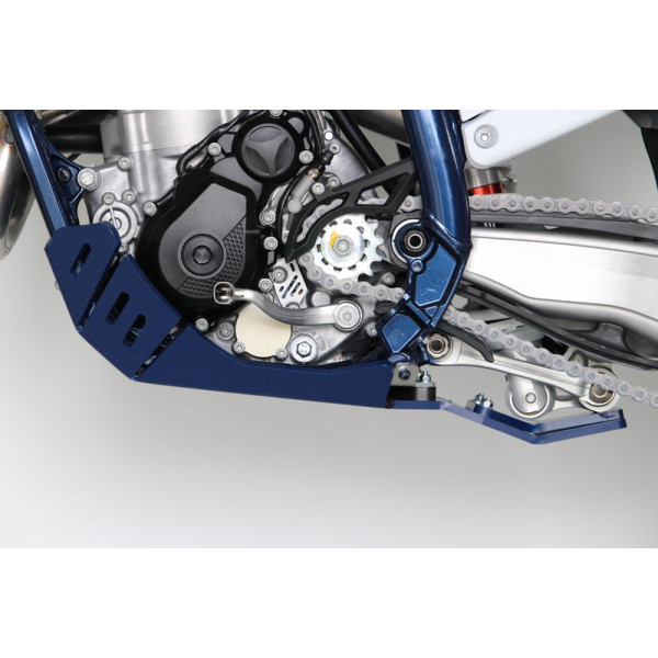Left side of the blue HDPE plastic skid plate with linkage guard for Husqvarna FC250 - FC350