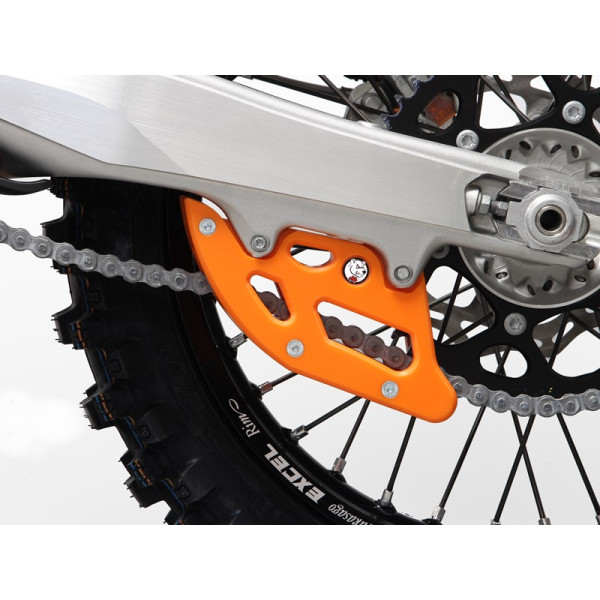 Vue avant du guide chaine orange en plastique UHMW pour KTM