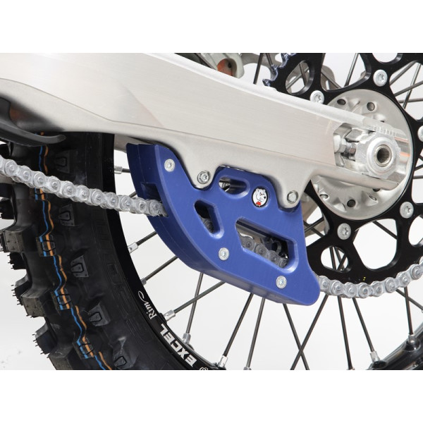 Vue avant du guide chaine bleu en plastique UHMW pour Husqvarna