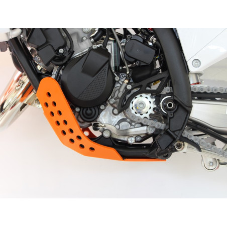 Left side of the orange HDPE plastic skid plate for KTM 125SX and 150EXC