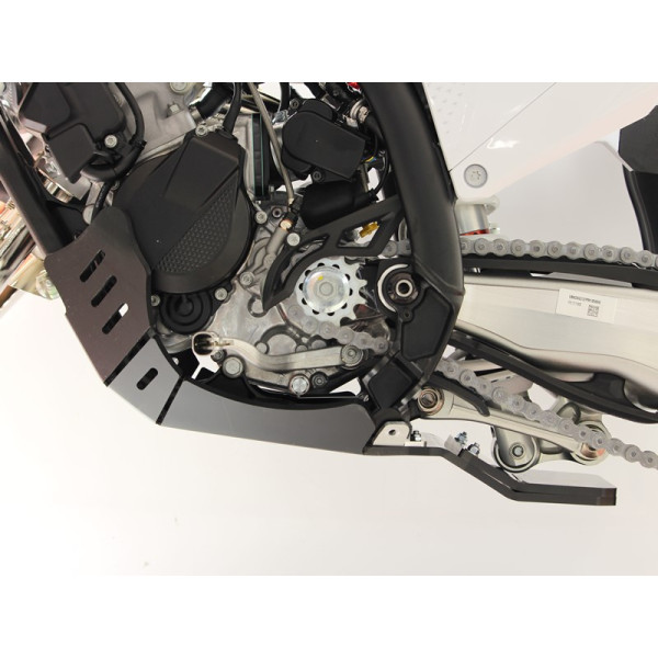 Left side of the black HDPE plastic skid plate with linkage guard for KTM and Husqvarna