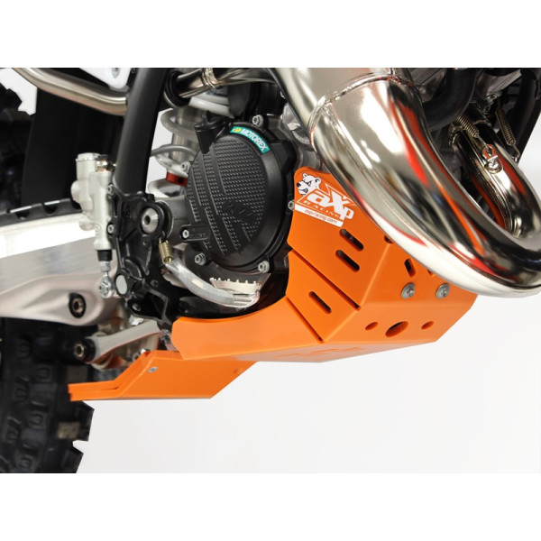 Right side of the orange HDPE plastic skid plate with linkage guard for KTM 125SX et 125XC