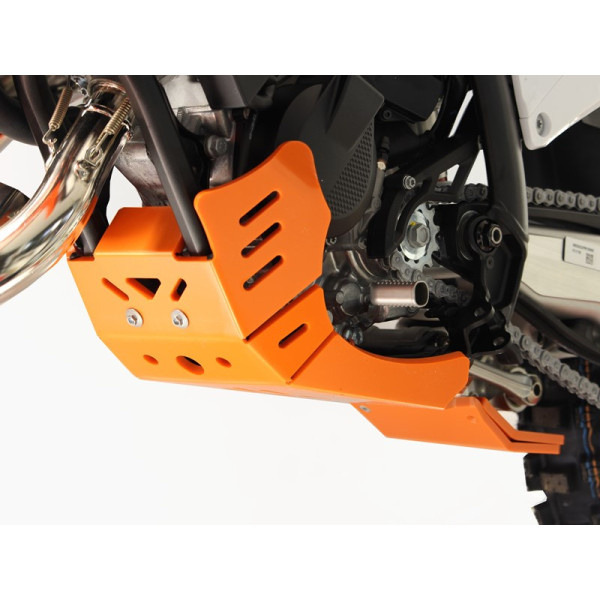 Left side of the orange HDPE plastic skid plate with linkage guard for KTM 125SX et 125XC