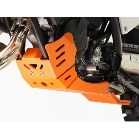 Left side of the orange HDPE plastic skid plate with linkage guard for KTM 125SX et 125XC