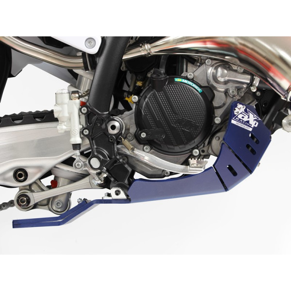 Right side of the blue HDPE plastic skid plate with linkage guard for Husqvarna TC125 - TE150