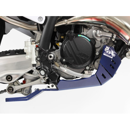 Right side of the blue HDPE plastic skid plate with linkage guard for Husqvarna TC125 - TE150