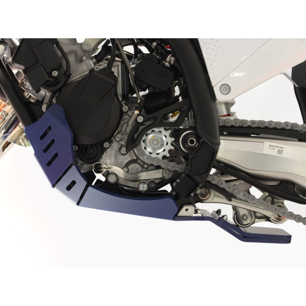 Left side of the blue HDPE plastic skid plate with linkage guard for Husqvarna TC125 - TE150