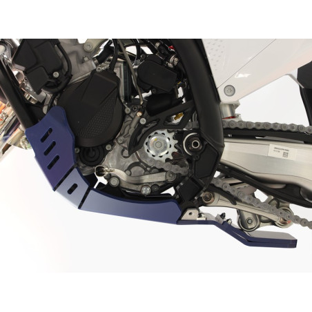 Left side of the blue HDPE plastic skid plate with linkage guard for Husqvarna TC125 - TE150