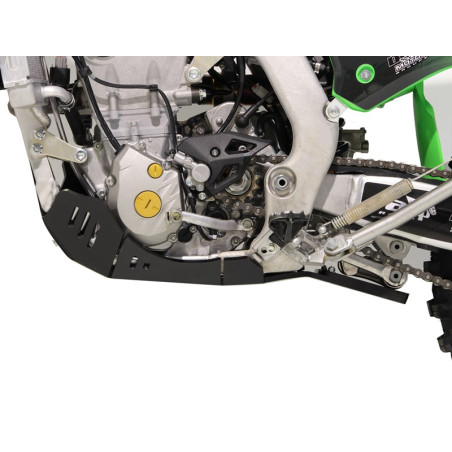 Left side of the black HDPE plastic skid plate with linkage guard for Kawasaki KX250