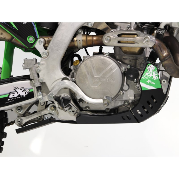 Right side of the black HDPE plastic skid plate with linkage guard for Kawasaki KX450