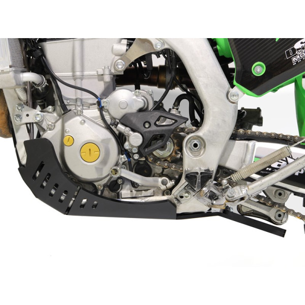 Left side of the black HDPE plastic skid plate with linkage guard for Kawasaki KX450