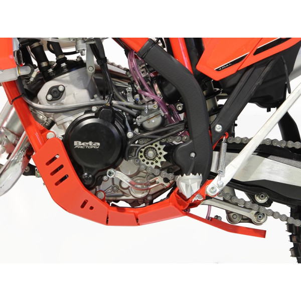 Left side of the red HDPE plastic skid plate with linkage guard for Beta 125RR - 200RR