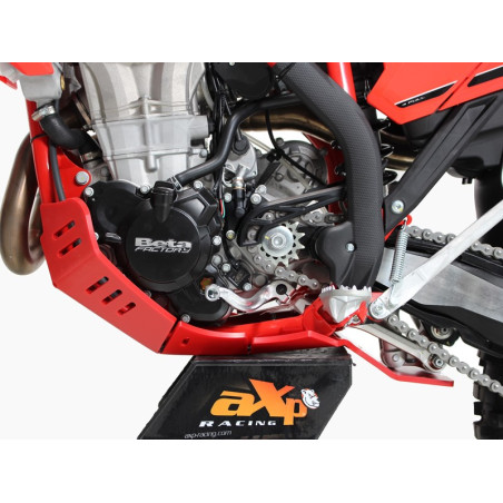 Left side of the red HDPE plastic skid plate with linkage guard for Beta 350RR - 500RR