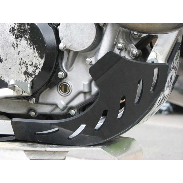 Left side of the black HDPE plastic skid plate for Kawasaki KX450F