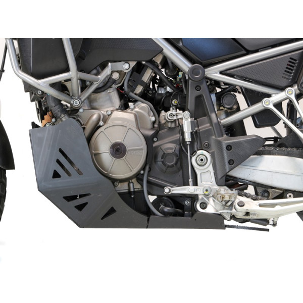 Left side of the black 8mm HDPE plastic skid plate for Aprilia Tuareg 660
