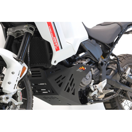 Left side of the black 8mm HDPE plastic skid plate for Ducati Desert X