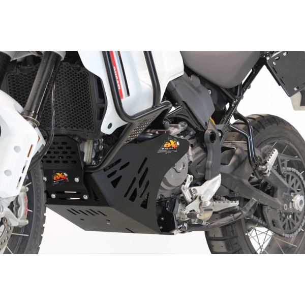 Left side of the black 8mm HDPE plastic skid plate for Ducati Desert X