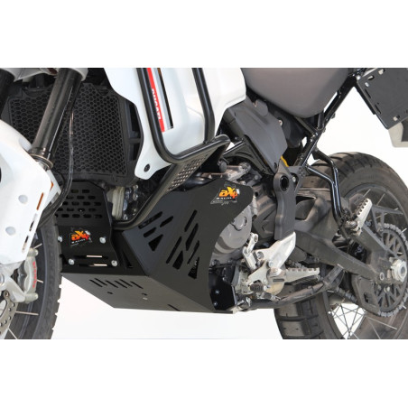 Left side of the black 8mm HDPE plastic skid plate for Ducati Desert X