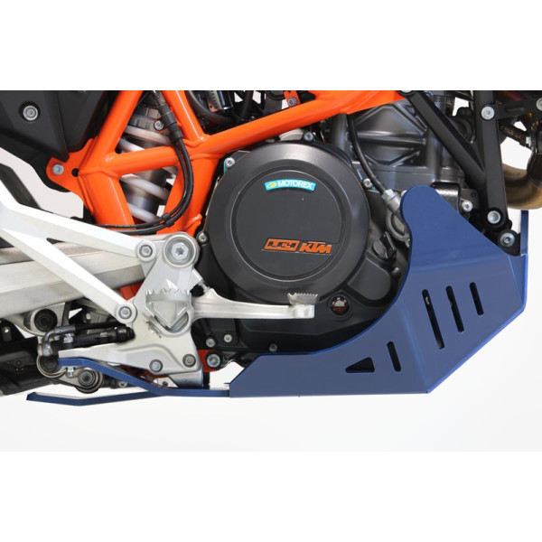 Right side of the blue HDPE plastic skid plate with linkage guard for Husqvarna 701