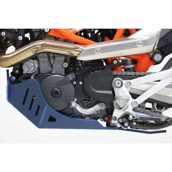 Left side of the blue HDPE plastic skid plate with linkage guard for Husqvarna 701