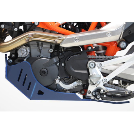 Left side of the blue HDPE plastic skid plate with linkage guard for Husqvarna 701