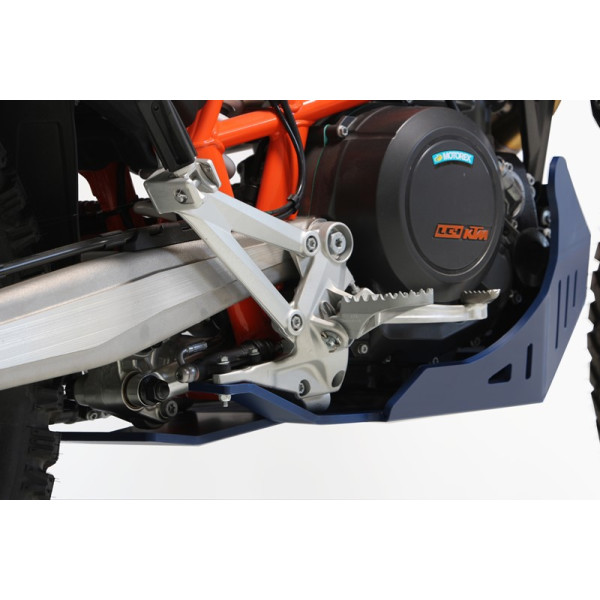 Rear view of the blue HDPE plastic skid plate with linkage guard for Husqvarna 701