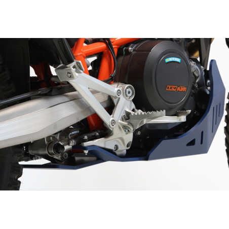 Rear view of the blue HDPE plastic skid plate with linkage guard for Husqvarna 701