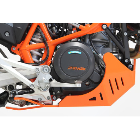 Right side of the orange HDPE plastic skid plate with linkage guard for KTM 690 enduro and 690 SMC-R
