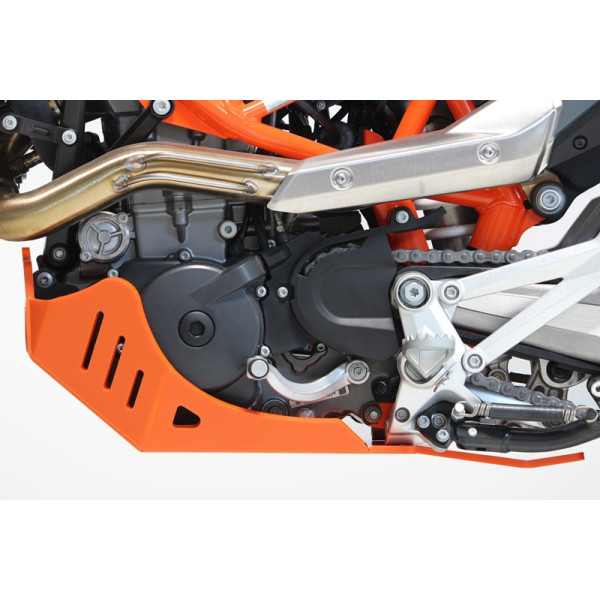 Left side of the orange HDPE plastic skid plate with linkage guard for KTM 690 enduro and 690 SMC-R