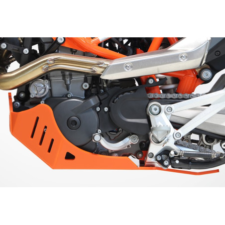 Left side of the orange HDPE plastic skid plate with linkage guard for KTM 690 enduro and 690 SMC-R
