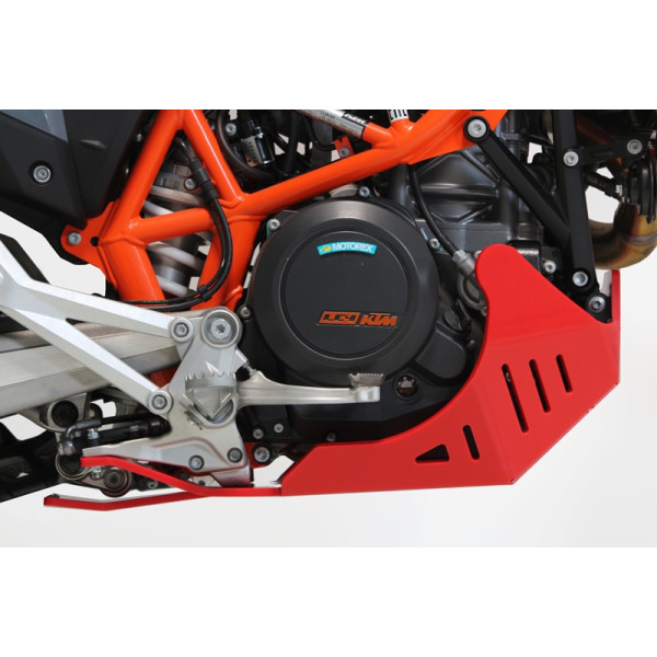 Right side of the red HDPE plastic skid plate with linkage guard for GasGas ES700 and SM700