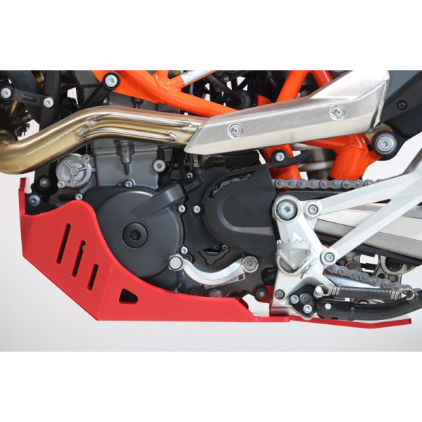 Left side of the red HDPE plastic skid plate with linkage guard for GasGas ES700 and SM700