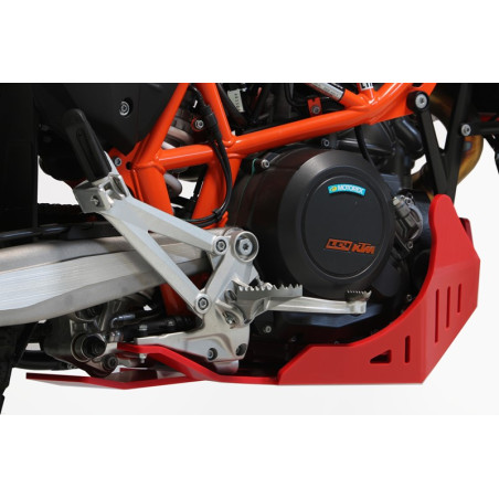 Rear view of the red HDPE plastic skid plate with linkage guard for GasGas ES700 and SM700