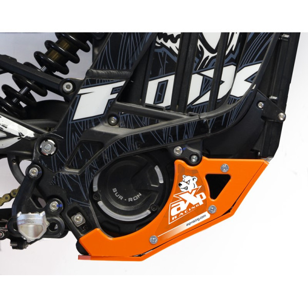 Right side of the orange HDPE plastic skid plate for Surron Lightbee