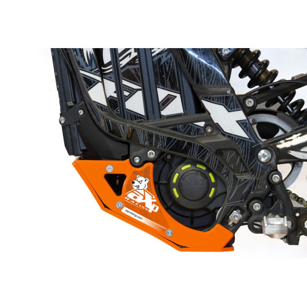 Left side of the orange HDPE plastic skid plate for Surron Lightbee
