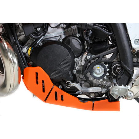 Left side of the orange HDPE plastic skid plate for KTM 250EXC and 300EXC