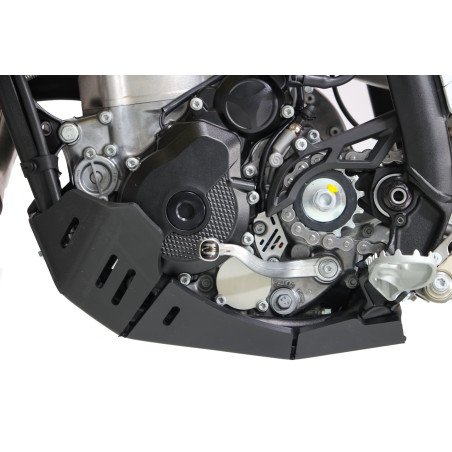 Left side of the black HDPE plastic skid plate for KTM 250EXCF and 350EXCF
