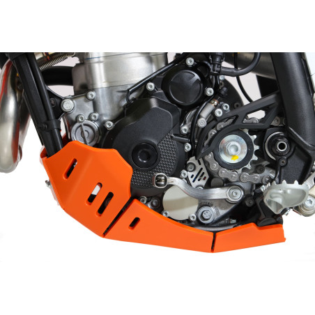 Left side of the orange HDPE plastic skid plate for KTM 250EXCF and 350EXCF