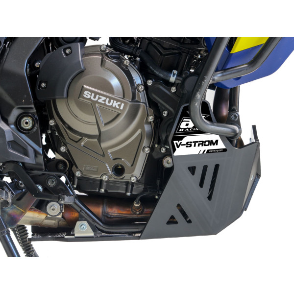 Right side of a black HDPE skid plate mounted on a Suzuki V-strom 800DE