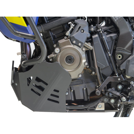 Left side of a black HDPE skid plate mounted on a Suzuki V-strom 800DE