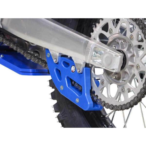 Rear view of the blue chain guide in UHMW plastic for Sherco 2T