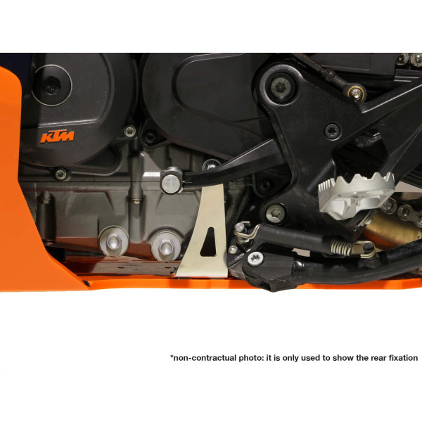 Close up view of the rear left fixation of the Adventure 8mm thick black skid plate for the KTM 790 - 890 Adventure