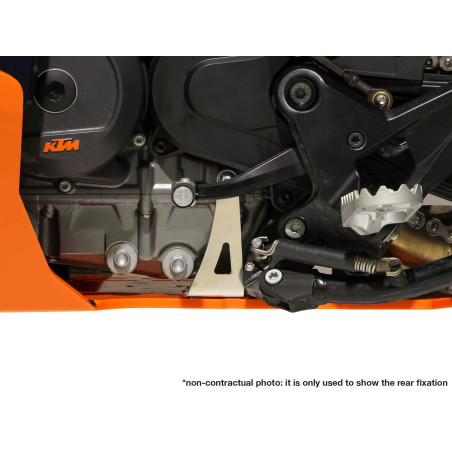 Close up view of the rear left fixation of the Adventure 8mm thick black skid plate for the KTM 790 - 890 Adventure