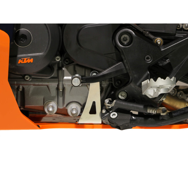Close up view of the rear left fixation of the Adventure 8mm thick orange skid plate for the KTM 790 - 890 Adventure