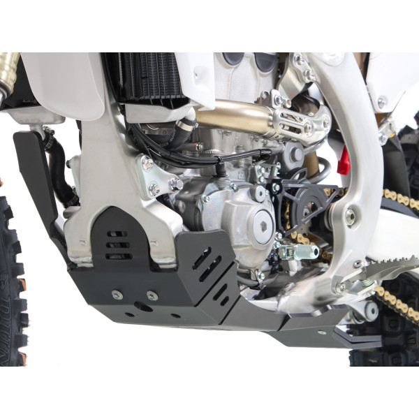 Left side of the 8mm black HDPE skid plate with linkage guard for Yamaha YZ250F