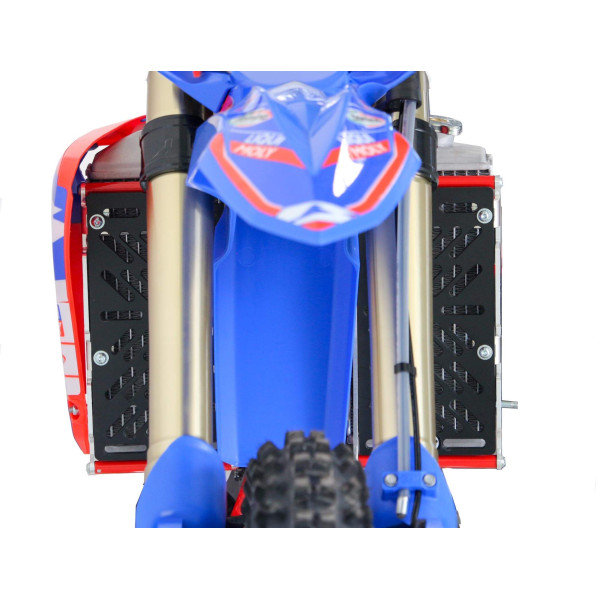 Front view of the Xtrem radiator braces with red spacers for Beta 350RR / 390RR / 430RR / 480RR Racing