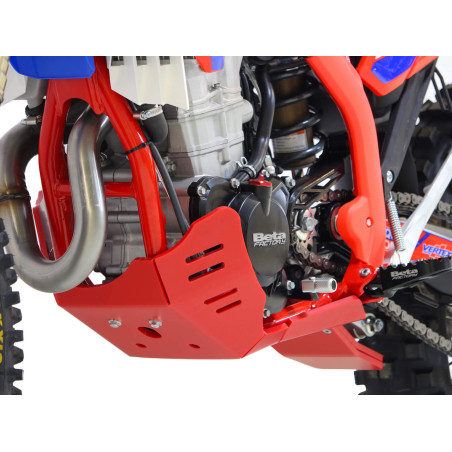 Left side of the red HDPE plastic skid plate with linkage guard for Beta 4T