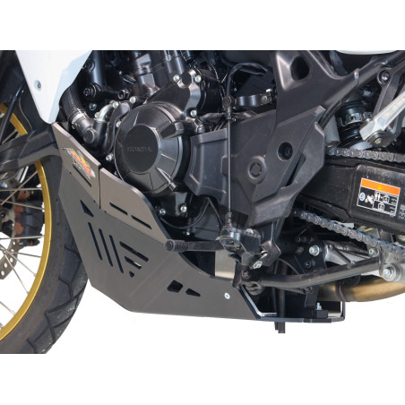 Rear view of the adventure skid plate in 8mm thick HDPE plastic for Honda XL750 Transalp